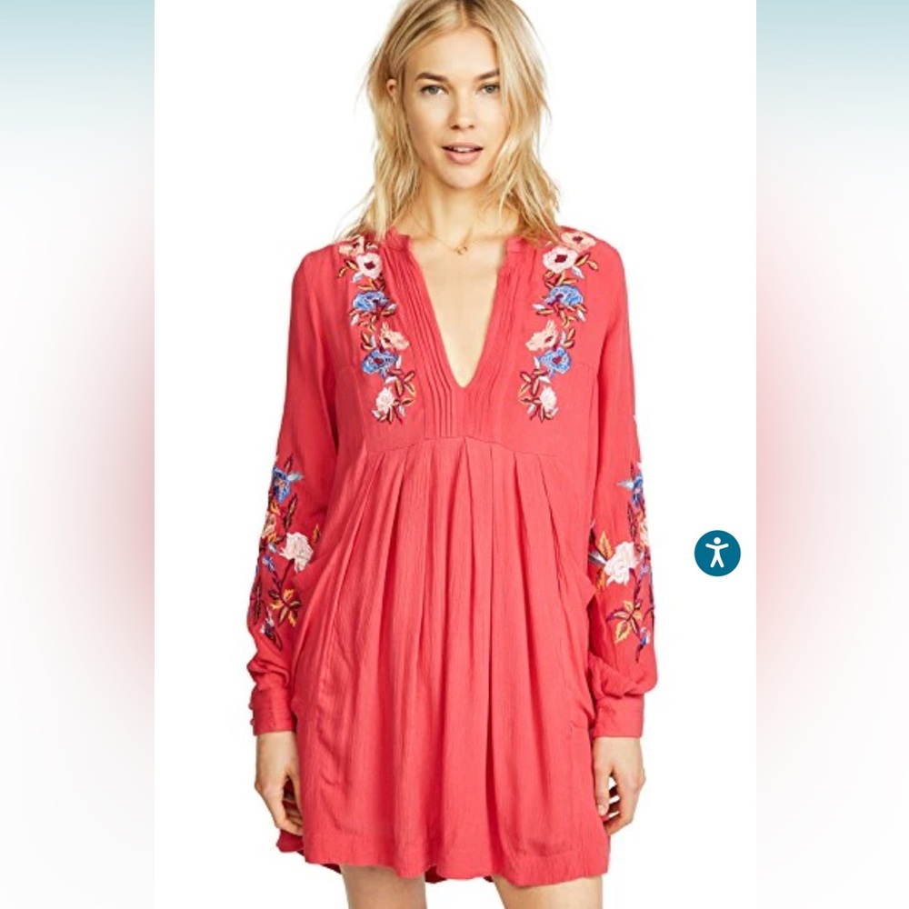 Free People Mia Gauze Floral Embroidered Red Dress Gem